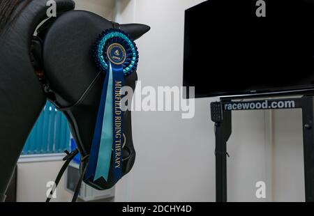 Cavallo meccanico per fisioterapia per bambini disabili, Muirfield Riding Therapy, Eat Lothian, Scozia, UK Foto Stock