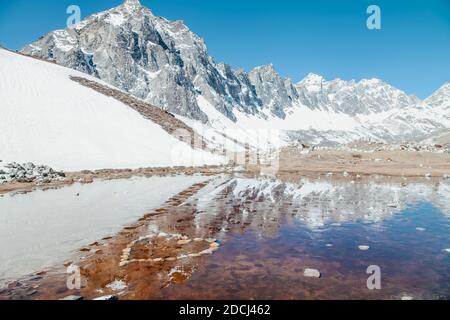 Incredibile lago blu Gokio sotto ghiaccio e neve, Nepal, Himalaya Foto Stock