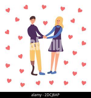 Ragazzo con una gamba protesica sta tenendo le mani con la sua ragazza e sorridendo. Molti cuori rossi. San Valentino. Coppia innamorata. Festa il 14 febbraio. S Illustrazione Vettoriale