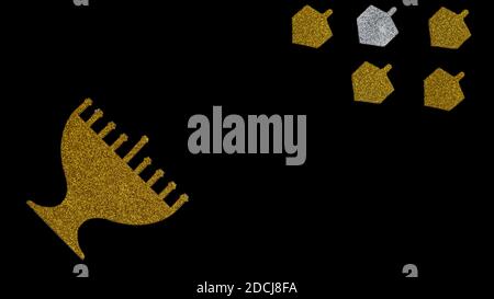 Golden glitter menorah e Dreidel girando top isolato su nero. Banner della festa ebraica Hanukkah. Foto Stock