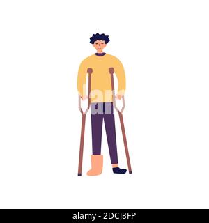 Uomo con un getto sulla gamba e stampelle. Persone disabili. Uomo con arto inferiore fratturato. Illustrazione vettoriale isolata in stile cartoon Illustrazione Vettoriale