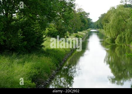 Canale d'acqua intorno all'aeroporto di Zurigo in Svizzera, delimitato da erba e cespugli su una riva e con alberi sull'altra riva che si riflettono in acqua. Foto Stock