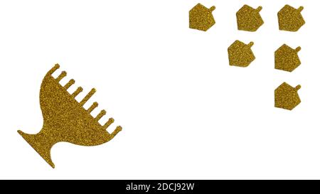 Golden glitter menorah e Dreidel girando top isolato su bianco. Banner della festa ebraica Hanukkah. Foto Stock