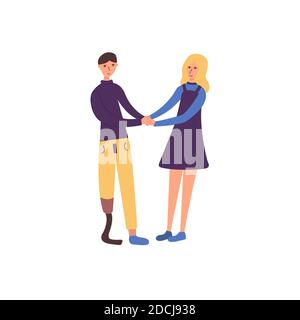 Ragazzo con una gamba protesica sta tenendo le mani con la sua ragazza e sorridendo. Coppia innamorata. Persone disabili. Illustrazione vettoriale isolata in cartoni animati Illustrazione Vettoriale