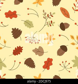 Motivo senza cuciture con foglie autunnali, ramoscelli rowan, ghiande su sfondo beige. Avvolgimento di carta o tessuto. Illustrazione vettoriale colorata Illustrazione Vettoriale