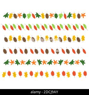 Set di foglie autunnali di alberi diversi per la decorazione. Striscioni orizzontali su sfondo bianco. Acero, quercia, castagno, betulla. colorful Vector Hand dr Illustrazione Vettoriale
