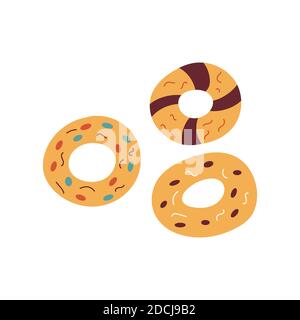 Set di tre ciambelle dai sapori diversi. Illustrazione vettoriale in stile cartoon su sfondo bianco. Per caffè, ristorante, panetteria. Essico delizioso Illustrazione Vettoriale