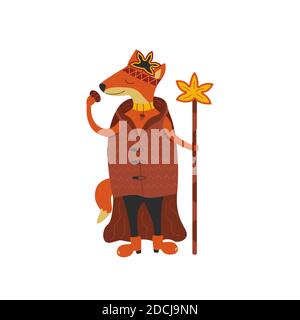 Il re della volpe rossa in un mantello e la corona sta tenendo un biscotto. Colorata illustrazione vettoriale isolata in stile cartoon. Tessera bambini. Personale con una foglia d'acero. Illustrazione Vettoriale