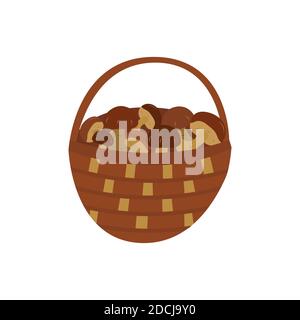 Cesto di vimini con funghi, vendemmia autunnale nella foresta. Colorato vettore isolato illustrazione su sfondo bianco stile cartoon Illustrazione Vettoriale