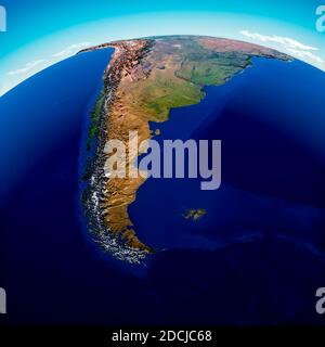 Mappa del mondo del Sud America, mappa geografica, fisica. Cartografia, atlante. Mappa con rilievi e montagne. Argentina, Cile. Vista satellitare. rendering 3d Foto Stock