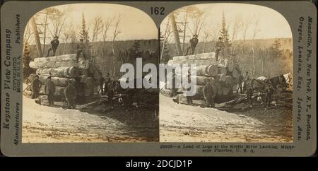 Un carico di tronchi all'atterraggio del fiume del bollitore, pinerie del Minnesota, U.S.A., immagine fissa, Stereographs, 1850 - 1930 Foto Stock