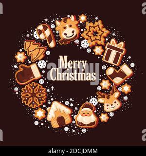 Biscotti natalizi con pan di zenzero a forma rotonda, da utilizzare come poster o sfondo. Decorato con neve, fiocchi di neve e perline. Illustrazione vettoriale Illustrazione Vettoriale