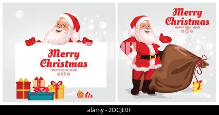 set di cartoline. Merry Babbo Natale e albero di Natale si trova dietro un grande banner Illustrazione Vettoriale