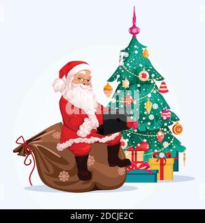 Merry Babbo Natale, albero di Natale decorato con giocattoli e Tinsel. Sorridente personaggio cartoon, Illustrazione Vettoriale