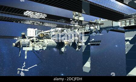 Rendering 3D della Stazione spaziale Internazionale che vola sopra la Terra, mostrando la sua architettura modulare dettagliata. Elementi di questa immagine forniti da NAS Foto Stock