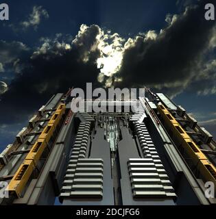 Illustrazione 3D di un futuristico grattacielo cittadino, da un punto di vista drammatico, con un cielo minaccioso e surrealistico sopra, per l'arcit fantasy o fantascientifico Foto Stock