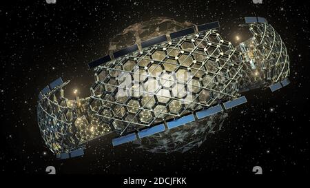 Illustrazione 3D di una struttura geodetica a nido d'ape che circonda una rete sferica di griglie triangolari su sfondo galattico, per la scienza fic Foto Stock