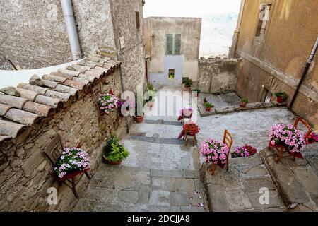 Decorazione di fiori in una strada della città vecchia di Troina Testimonianze dell'architettura e della cultura siciliana Foto Stock