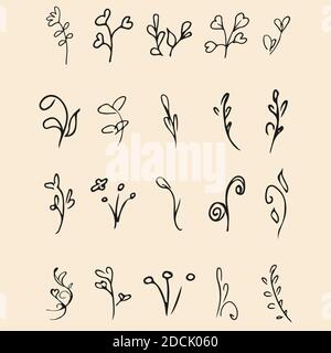 Collezione Doodle di 20 elementi floreali disegnati a mano. Grande collezione di 20 rami disegnati a mano. Grande set floreale botanico. Isolato. Illustrazione Vettoriale
