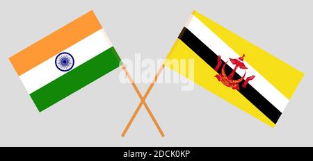 Bandiere incrociate del Brunei e dell'India. Colori ufficiali. Proporzione corretta. Illustrazione vettoriale Illustrazione Vettoriale
