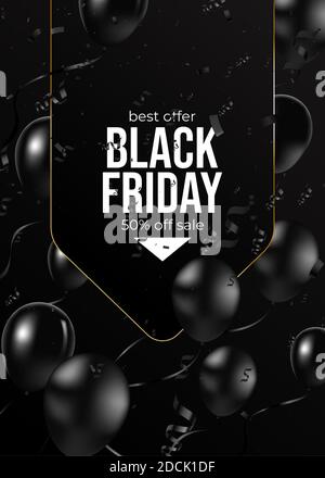 Banner del Black Friday, illustrazione vettoriale. Puntini con glitter oro, cornice di lusso, testo calligrafico dorato, palloncini neri realistici. Elementi di disegno grafico Illustrazione Vettoriale