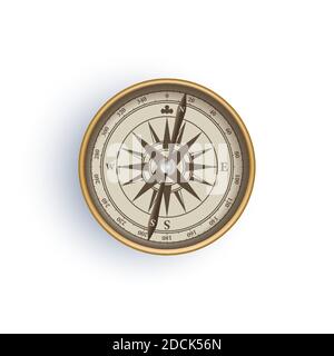 Bussola in metallo stile retrò antico isolata su sfondo bianco illustrazione vettoriale. Illustrazione Vettoriale
