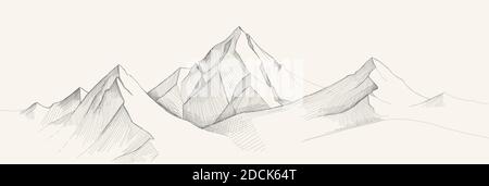 Schizzo della gamma di montagne, stile di incisione, illustrazione vettoriale disegnata a mano. Illustrazione Vettoriale