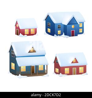 Collezione di case invernali. Cartoon neve casa e cottage rurali set. Tra cui chalet alpiano, rifugio di montagna, casa a graticcio e altre costruzione innevata Illustrazione Vettoriale