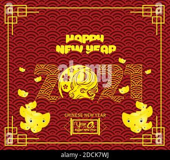 Cinese nuovo anno 2021 anno del bue, i lingotti d'oro tagliano il carattere del bue, modello ed elementi asiatici con stile artigianale sullo sfondo Illustrazione Vettoriale