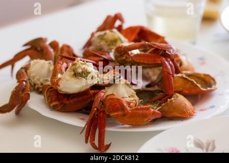 Gambe di granchio al vapore. Piatto di pesce bollito, delizioso menu del ristorante Foto Stock