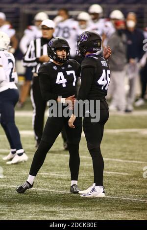 Seattle, Washington, Stati Uniti. 21 Nov 2020. Washington Huskies kicker Peyton Henry (47) e Washington Huskies Punter Race Porter (46) festeggiano dopo un gol fatto sul campo da Henry durante una partita tra Arizona Wildcats e Washington Huskies allo stadio Husky di Seattle, Washington. Sean Brown/CSM/Alamy Live News Foto Stock