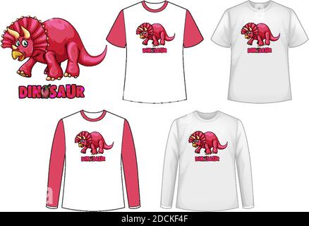 Set di diversi tipi di camicia in tema dinosauro con illustrazione del logo dei dinosauri Illustrazione Vettoriale