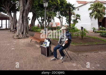 Il musicista di strada suona la fisarmonica, guadagnando denaro, nel parco della città di Icod de las Vinos. Tenerife, Spagna. Foto Stock