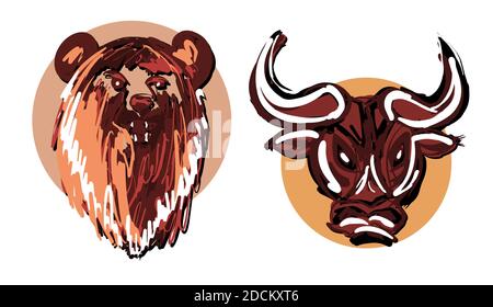 Teste di orso e di toro disegnate a mano in cerchi isolati su sfondo bianco come un simbolo del mercato ribassista e ribassista, eps10 illustrazione vettoriale. Illustrazione Vettoriale