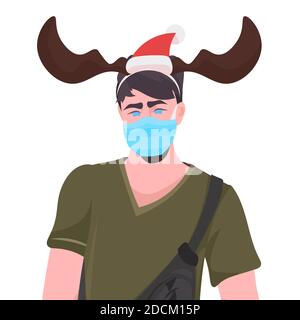 uomo in cappello festivo che indossa una maschera per prevenire la pandemia del coronavirus capodanno natale festa concetto ritratto vettore illustrazione Illustrazione Vettoriale