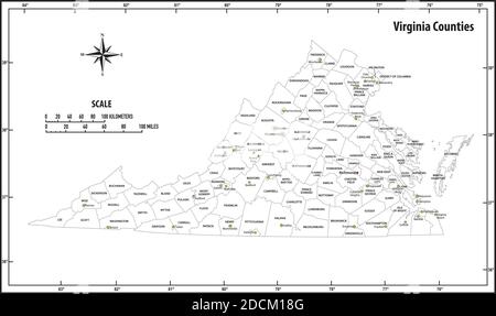 Mappa vettoriale amministrativa e politica dello stato della Virginia in nero e bianco Illustrazione Vettoriale