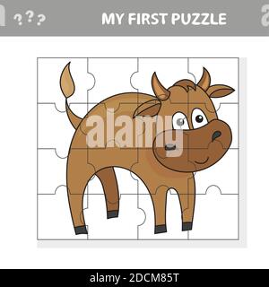 Il mio primo puzzle. Cartoon Vector Illustrazione di Jigsaw educativo gioco di attività Puzzle per bambini con toro Illustrazione Vettoriale