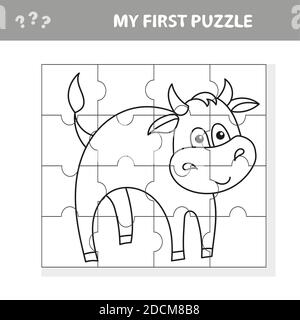 Cartoon Vector Illustration - Puzzle Activity Game for Children with Bull Farm Animal character. Libro da colorare Illustrazione Vettoriale