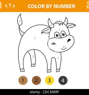 Illustrazione vettoriale con un toro carino. Immagine lineare su sfondo bianco con numeri per bambini - libro da colorare Illustrazione Vettoriale