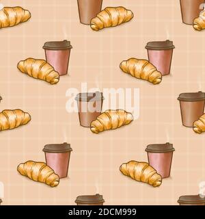 La pittura digitale del panificio francese del croissant e del caffè tazza di carta su sfondo marrone motivo senza cuciture illustrazione raster per carta da parati deco Foto Stock