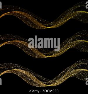 Set di spray oro e argento. Onde su sfondo nero. Design lucido Foto Stock
