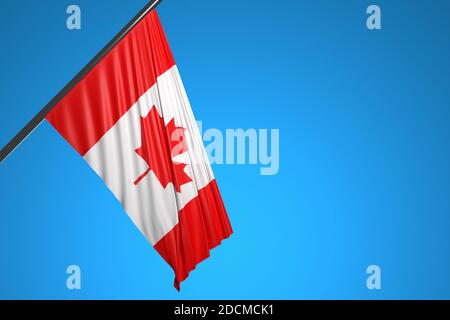 Illustrazione 3D della bandiera nazionale del Canada su un flagpole di metallo che si batte contro il simbolo blu Sky.Country. Foto Stock