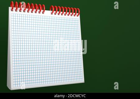 Immagine 3D calendario da tavolo vuoto, notebook a foglia sciolta su sfondo verde monocromo. Concetto di design mockup. Rendering 3D Foto Stock