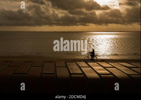 Wilhelmshaven, Germania. 22 novembre 2020. Una donna corre in bicicletta lungo il lungomare sulla spiaggia sud. Credit: Mohssen Assanimoghaddam/dpa/Alamy Live News Foto Stock