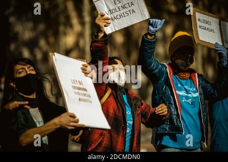 Barcellona, Spagna. 22 novembre 2020. Le femministe con i loro cartelloni gridano slogan mentre fanno parte di una catena umana attraverso Barcellona per celebrare la Giornata Internazionale per l'eliminazione della violenza contro le donne Credit: Matthias Oesterle/Alamy Live News Foto Stock