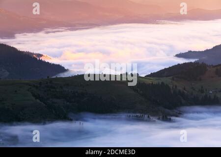 Incredibile mattina nebbia. Alba. Paesaggio con alte montagne. Foresta dei pini. La nebbia di mattina presto. Luogo turistico. Paesaggio naturale. Foto Stock