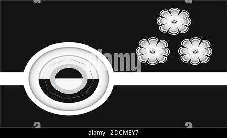 Immagine di una carta da parati astratta di colore bianco e nero, con bottone a forma rotonda e 3 fiori. Foto Stock