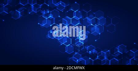 La tecnologia astratta collega il modello di esagoni geometrici blu Concept con una luce brillante su sfondo scuro. Progettazione medica, tecnologica o scientifica. Vettore ill Illustrazione Vettoriale