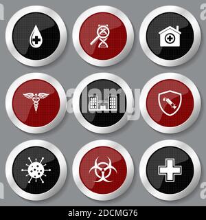 Icone mediche, vettoriali per la medicina, set di pulsanti web lucidi metallizzati color argento per l'assistenza sanitaria Illustrazione Vettoriale