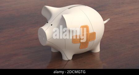 Aiuti finanziari bancari. Piggybank rotto con un cerotto su sfondo di legno. Infortunata economia cura con bendaggio, forma a croce. illustrazione 3d Foto Stock